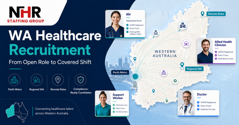 Healthcare recruitment across Western Australia — connecting AHPRA-registered nurses, allied health clinicians, doctors and support workers to Perth metro, regional and remote roles