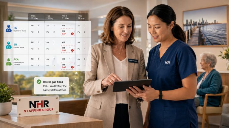 Aged care care manager and registered nurse reviewing a weekly roster in a Perth facility, with an unfilled PCA shift covered by agency staff