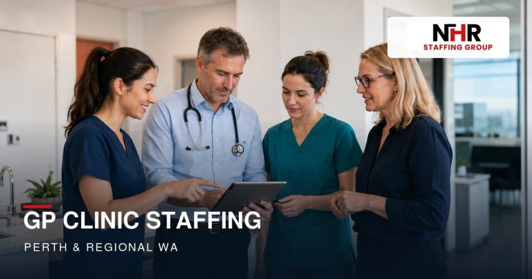 A GP, two nurses and a practice manager reviewing patient information on a tablet in a Western Australian general practice clinic.